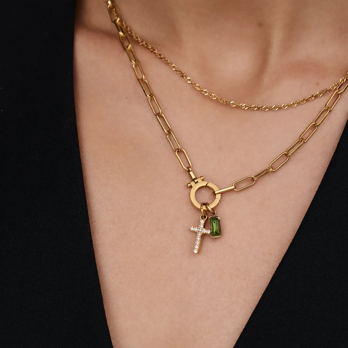 Paperclip Birthstone Cross Charm Necklace